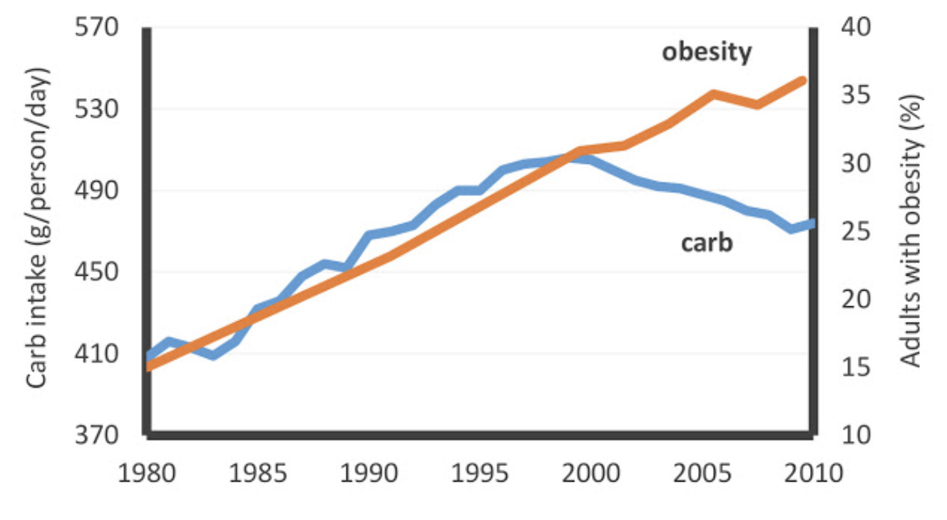 US Carbohydrate Intake vs. Obesity Prevalence, 1980-2010.